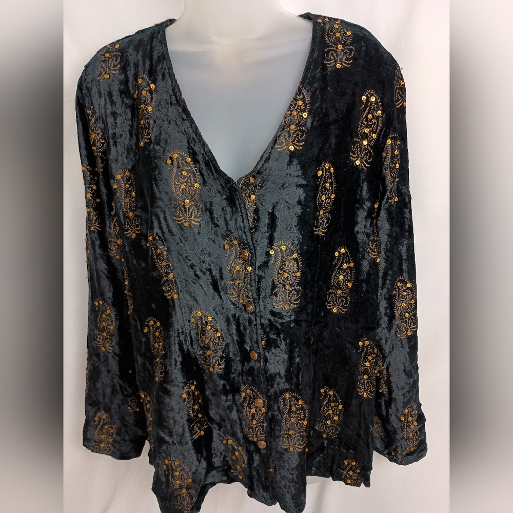 SOFT SURROUNDINGS Black Gold Velvet Witchy Whimsigoth Darkfairy Button Top(#153)